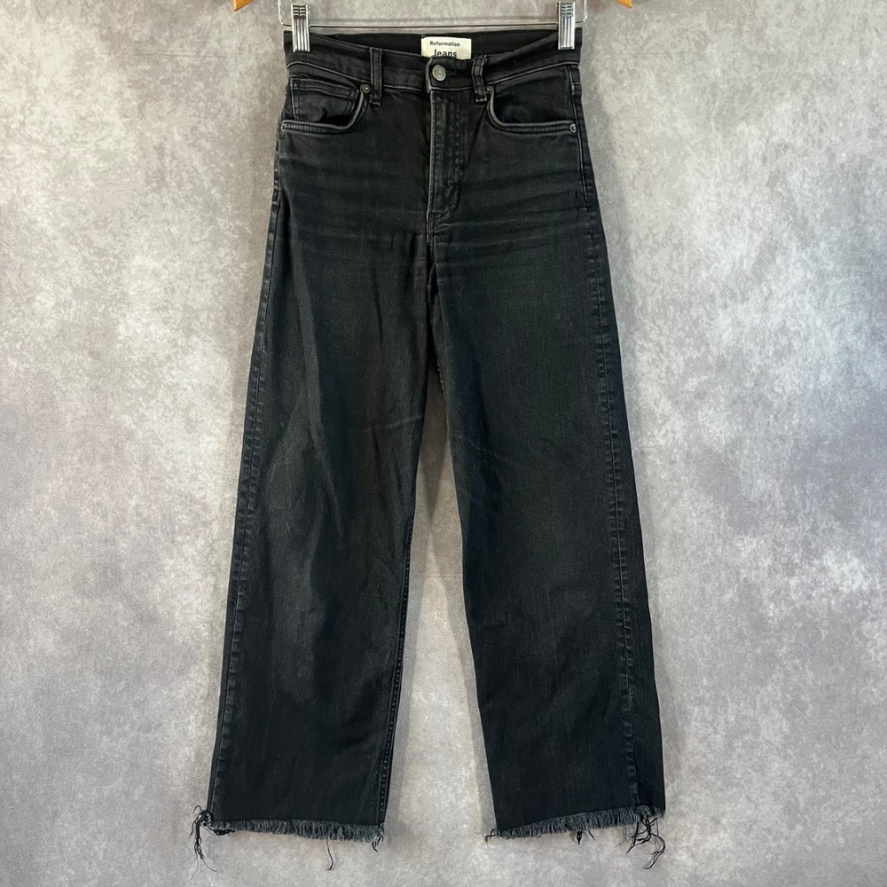 Reformation‎ Emma High Rise Wide Leg Jeans Womens 25 Black Raw Hem Sustainable